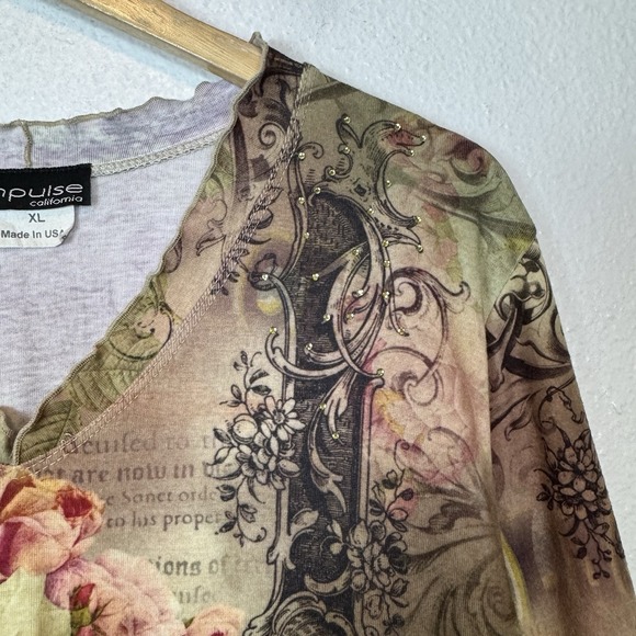 Y2K Impulse California Top Women's XL Green Pink Floral AOP Lettuce Hem Romantic - Picture 3 of 13